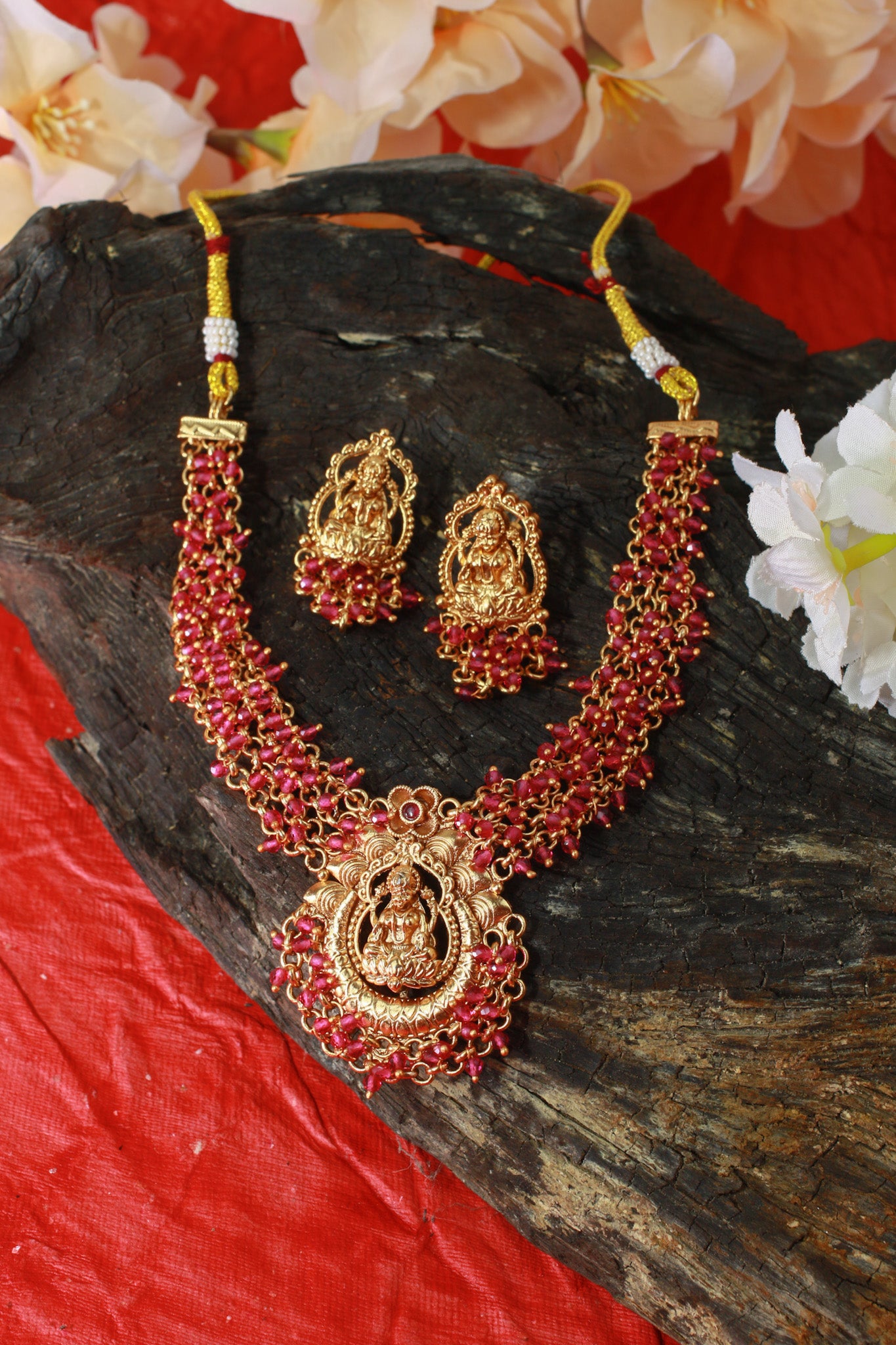 Ruby Bead Temple Necklace with Lakshmi Pendant