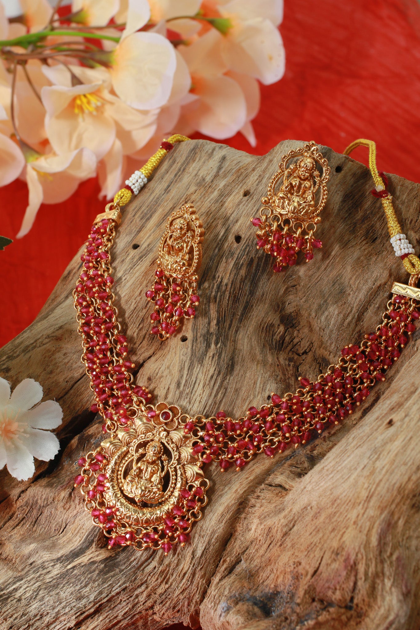 Ruby Bead Temple Necklace with Lakshmi Pendant