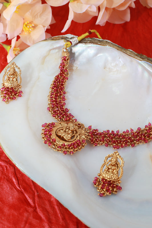 Ruby Bead Temple Necklace with Lakshmi Pendant