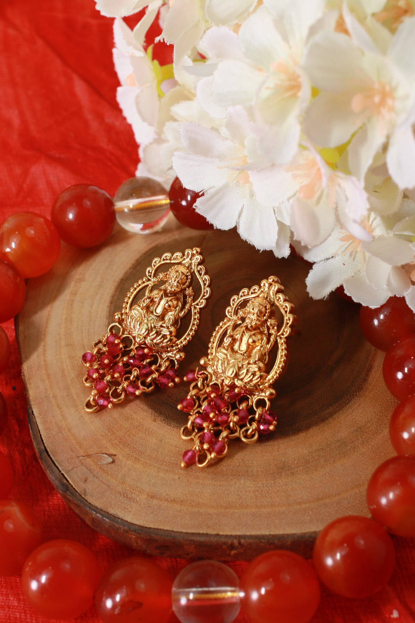 Ruby Bead Temple Necklace with Lakshmi Pendant