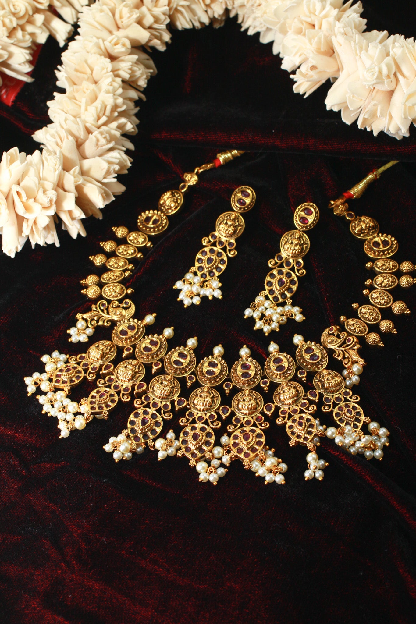 Antique Lakshmi Coin Temple Necklace Set with Ruby Kemp & Pearls