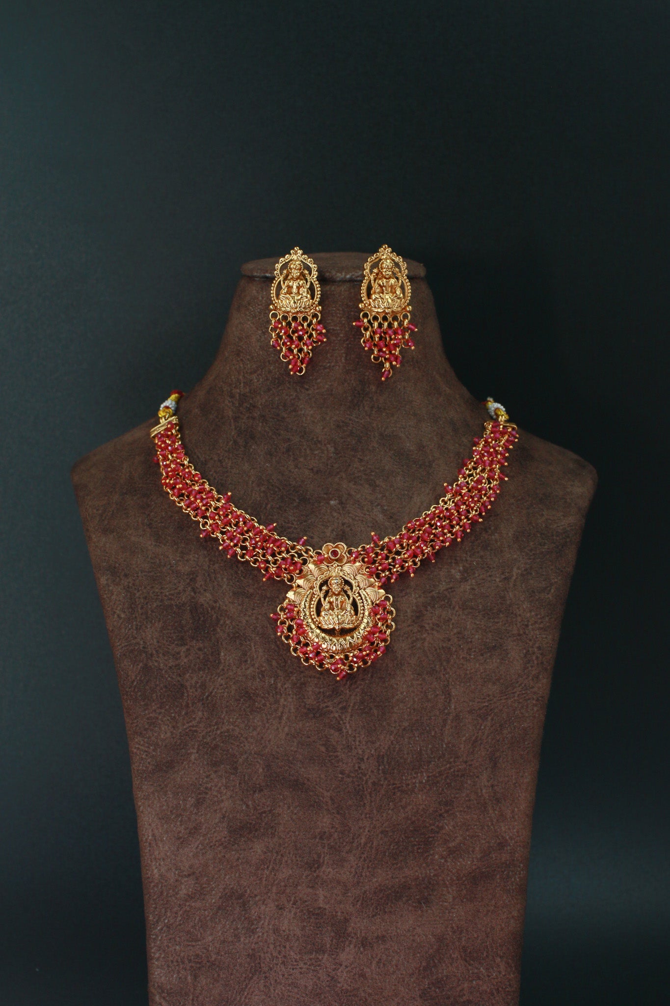 Ruby Bead Temple Necklace with Lakshmi Pendant