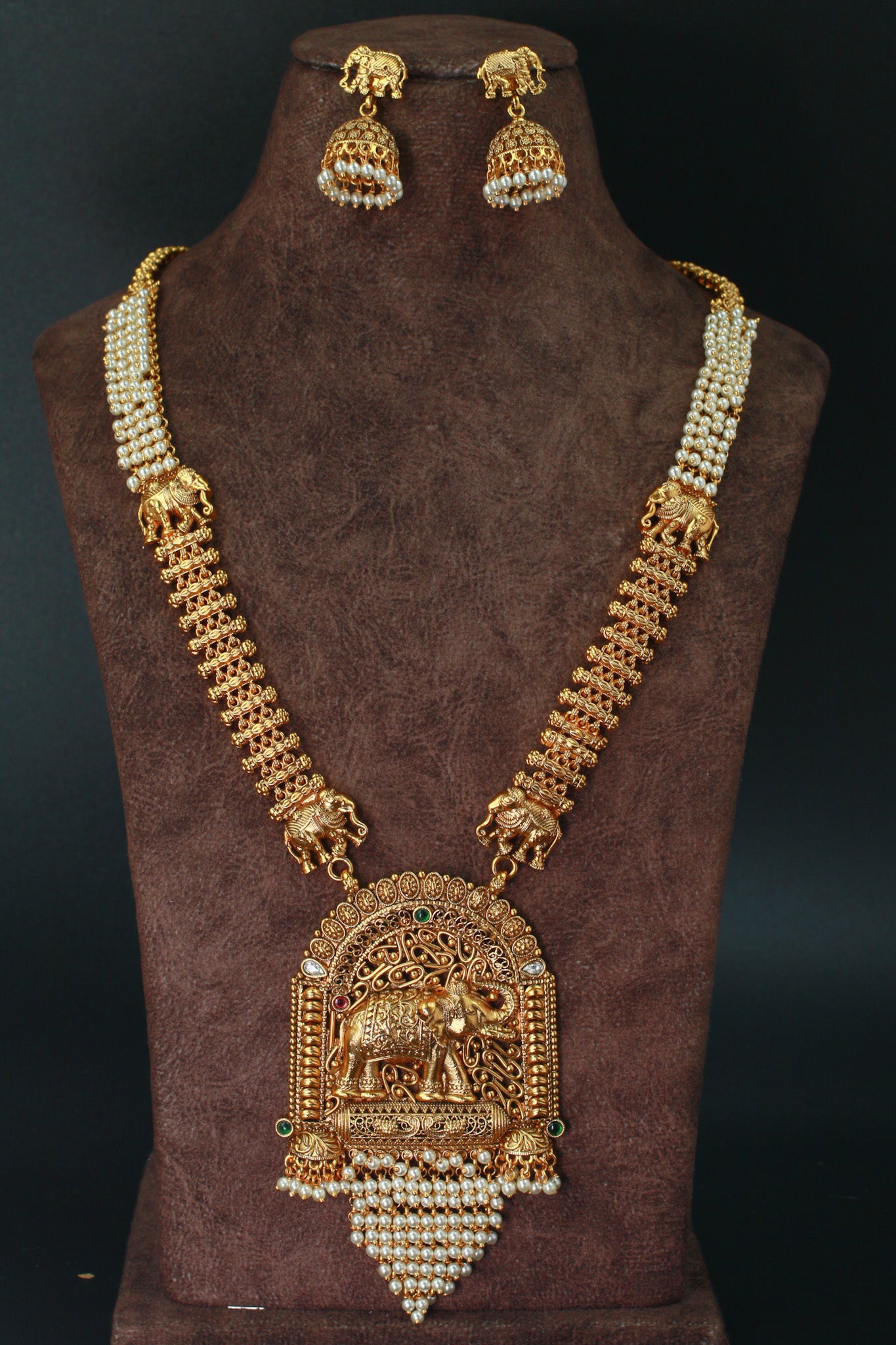 Antique Elephant Temple Pendant Haram with Pearl Tassel