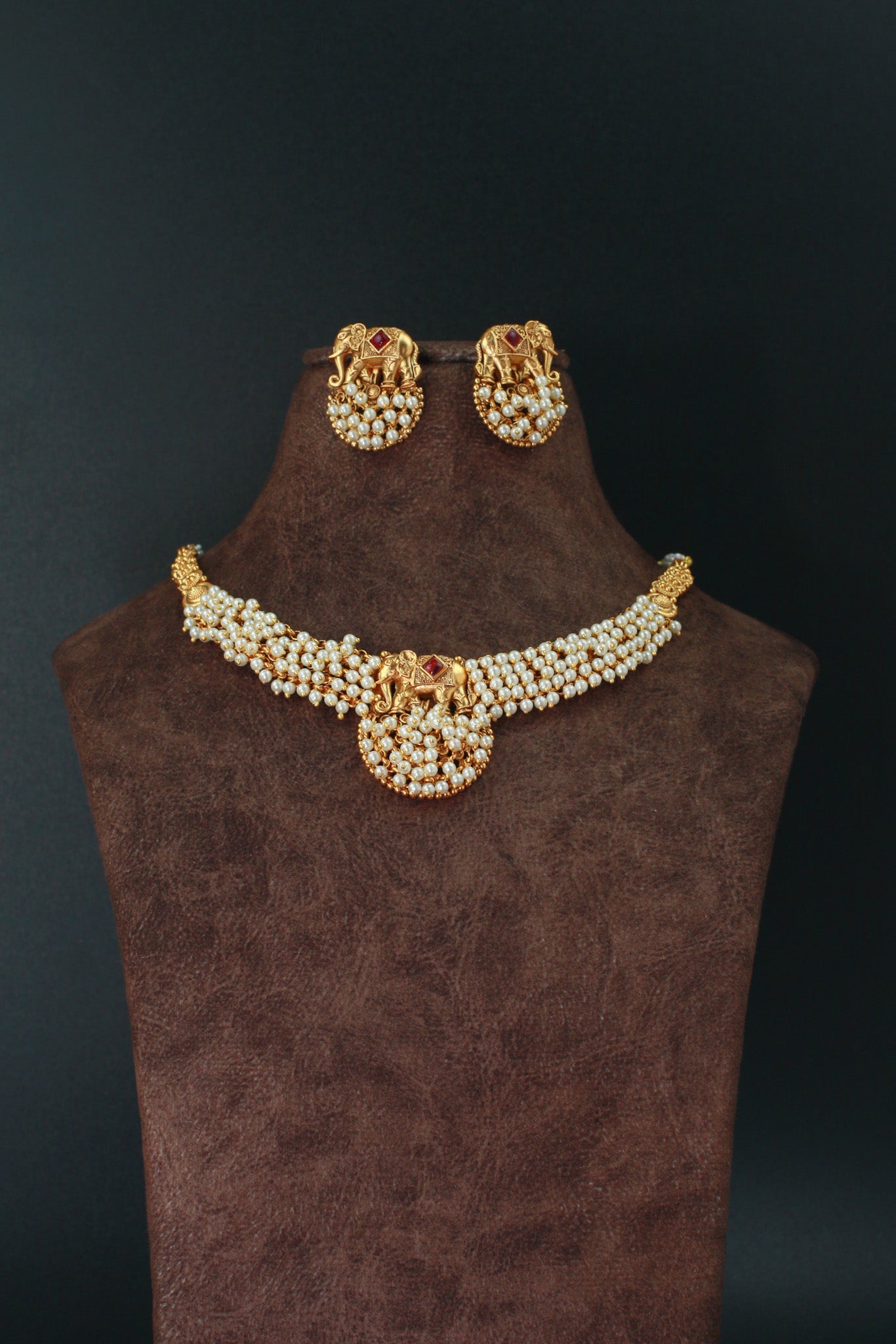 Elephant Motif Pearl Cluster Temple Necklace