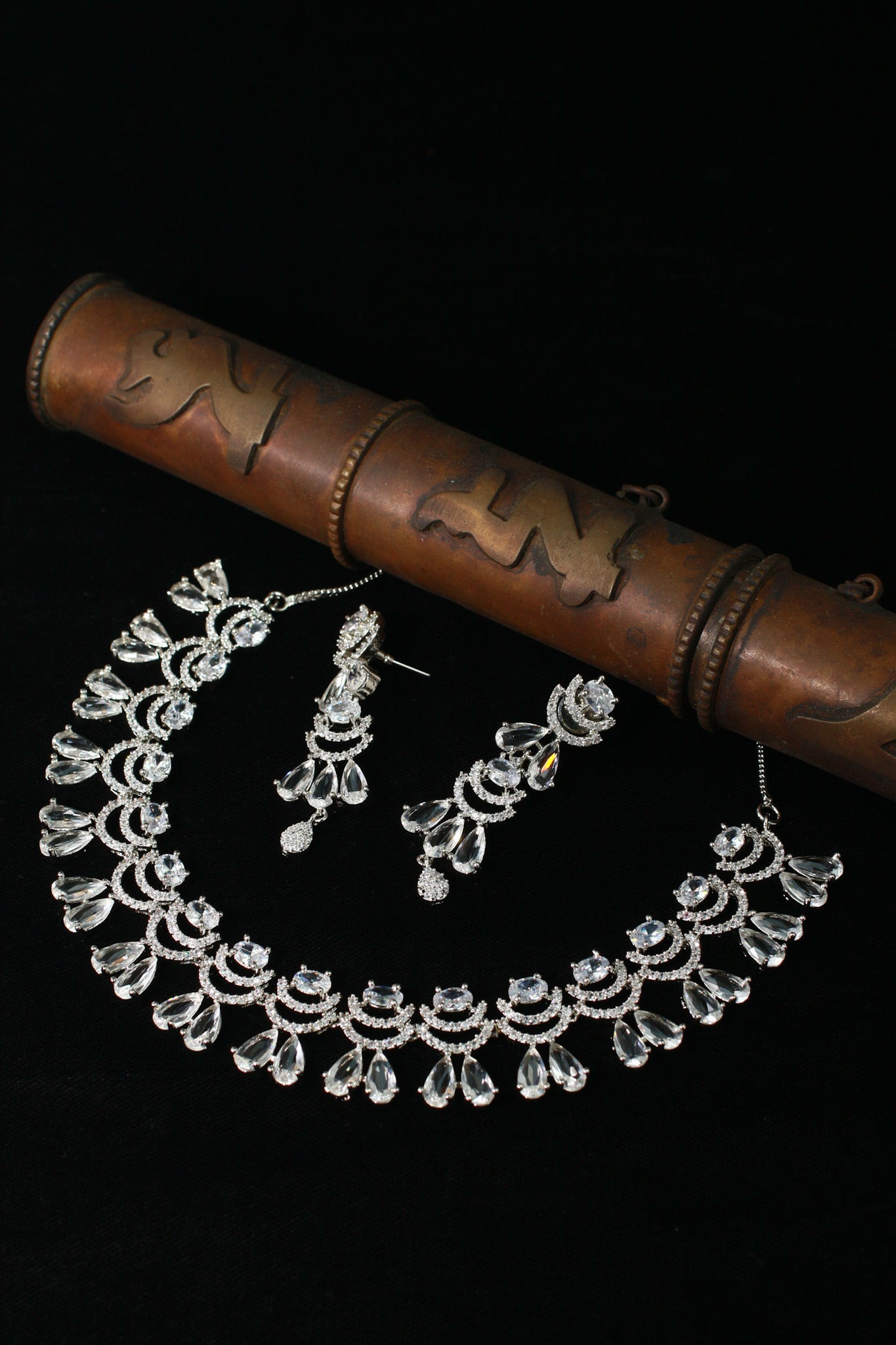 Silver AD Teardrop Crescent Choker Necklace Set with Long Danglers | Bridal & Party Wear