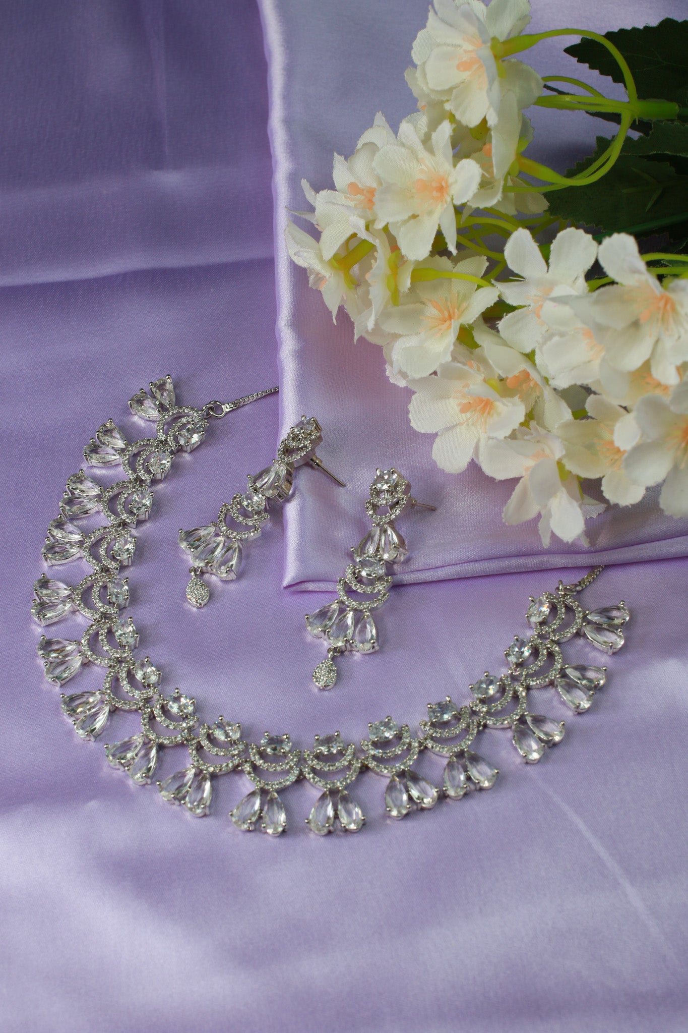 Silver AD Teardrop Crescent Choker Necklace Set with Long Danglers | Bridal & Party Wear