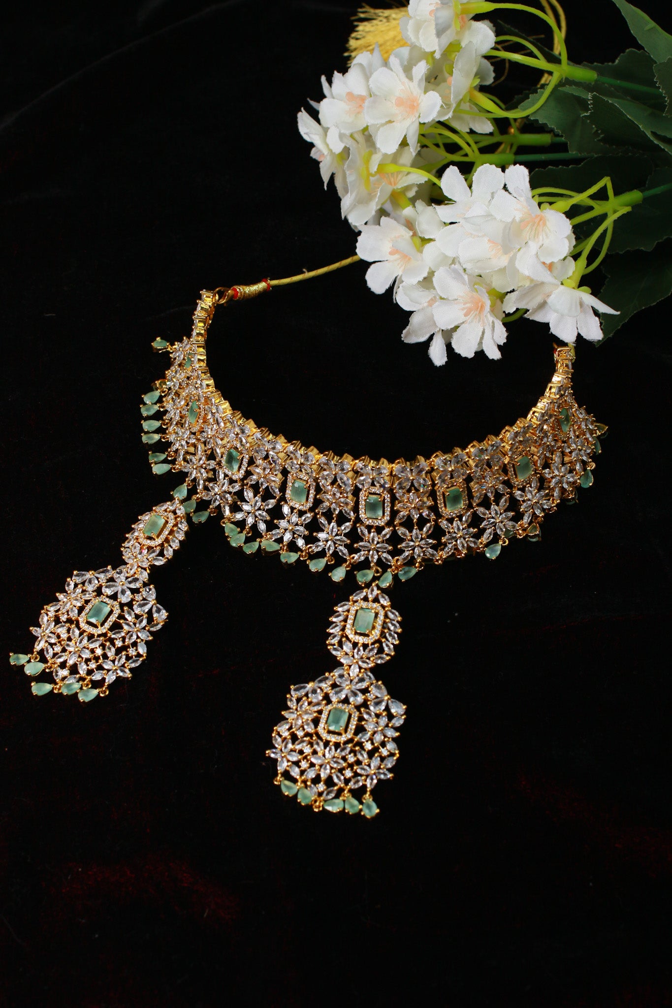 Mint Green Floral AD Choker Necklace