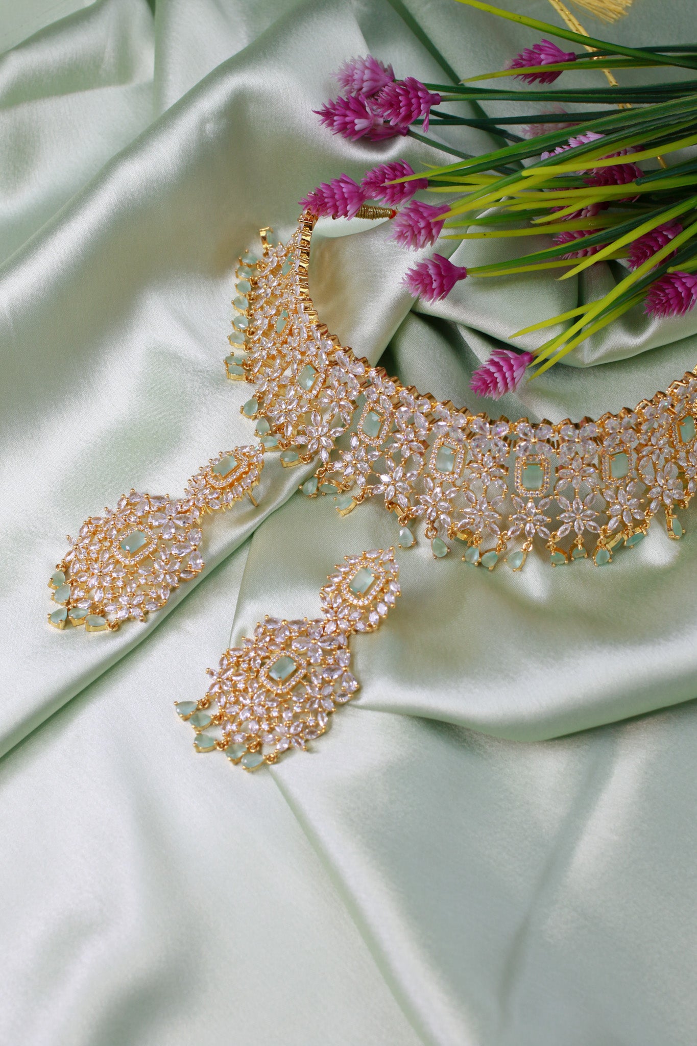 Mint Green Floral AD Choker Necklace