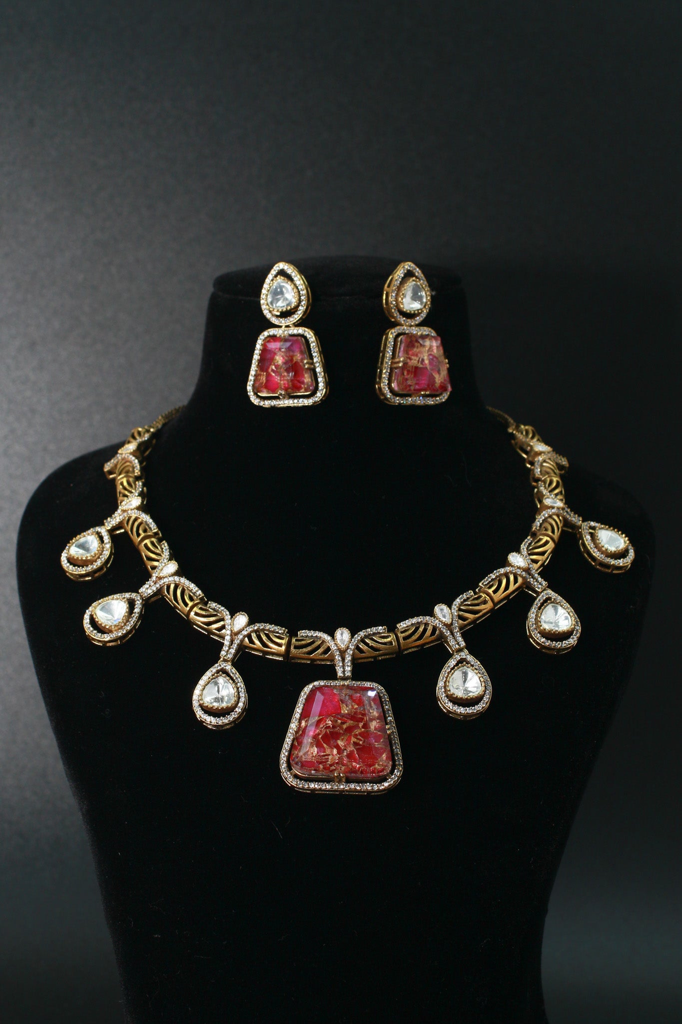 Antique Temple Necklace Set with Ruby Slab Stones & Polki Drops