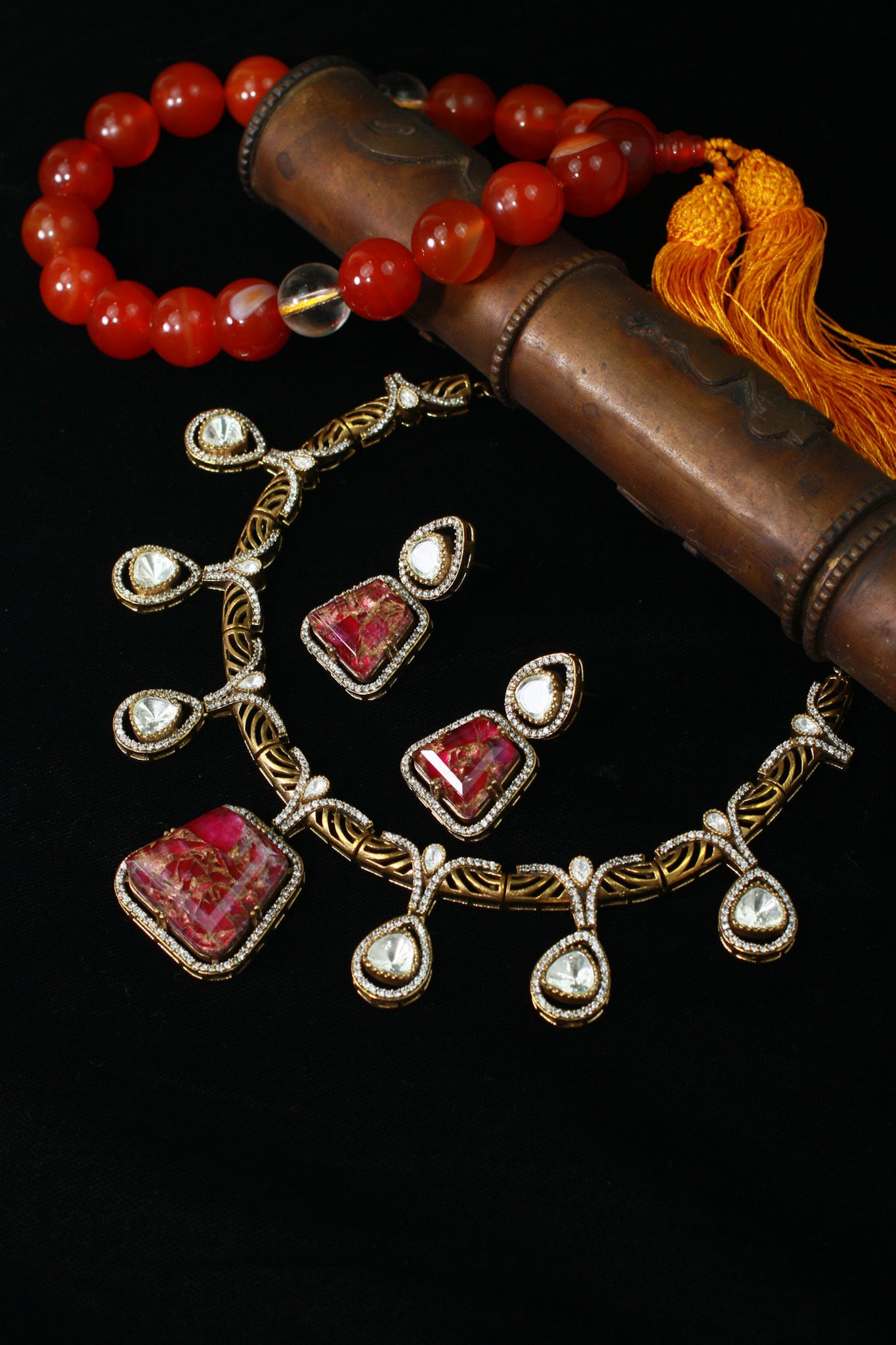 Antique Temple Necklace Set with Ruby Slab Stones & Polki Drops