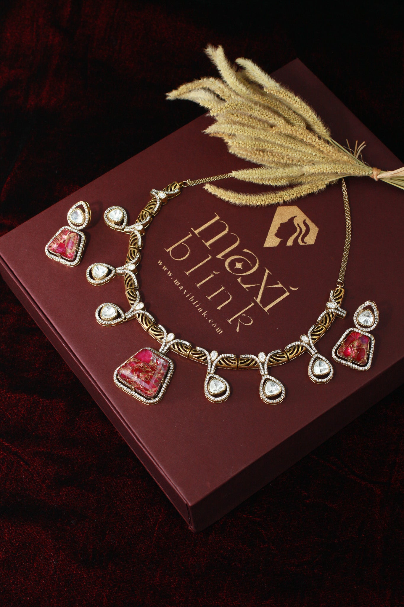 Antique Temple Necklace Set with Ruby Slab Stones & Polki Drops