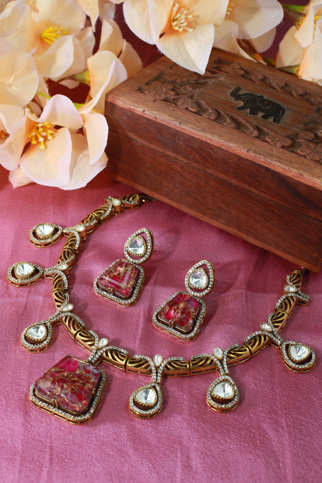 Antique Temple Necklace Set with Ruby Slab Stones & Polki Drops