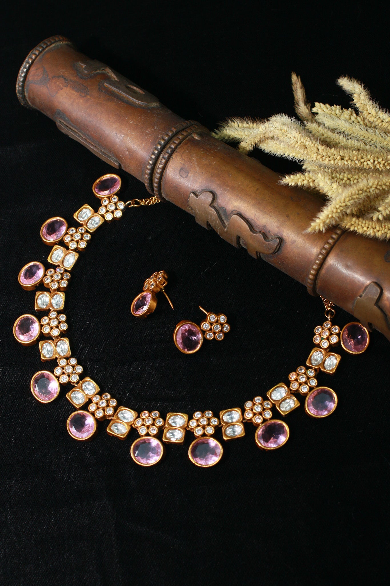 Antique Temple Necklace Set with Pastel Lilac & Polki Look Stones