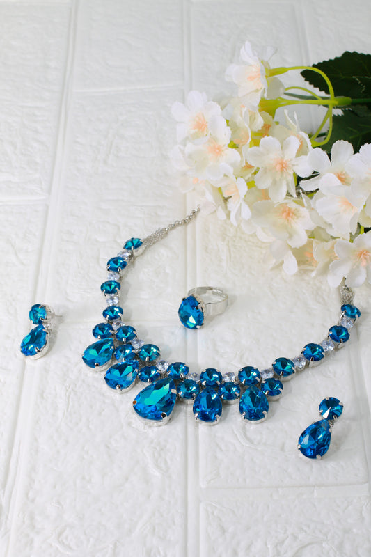 Korean Blue Teardrop Glass Stone Jewelry Necklace Set | Rhodium Plated Crystal Bridal Jewelry with Earrings