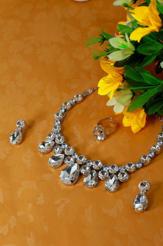 Crystal Clear & Blue Korean Glass Stone Jewelry Necklace Set | Rhodium Plated Elegant Bridal Jewelry with Earrings