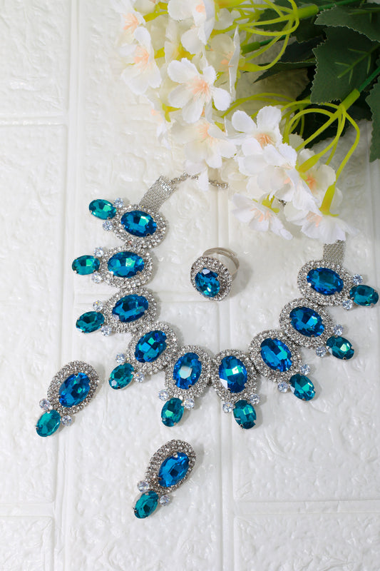 Korean Blue Oval Glass Stone Glass & AD Stone Necklace Set | Rhodium Plated Statement Jewelry with Earrings