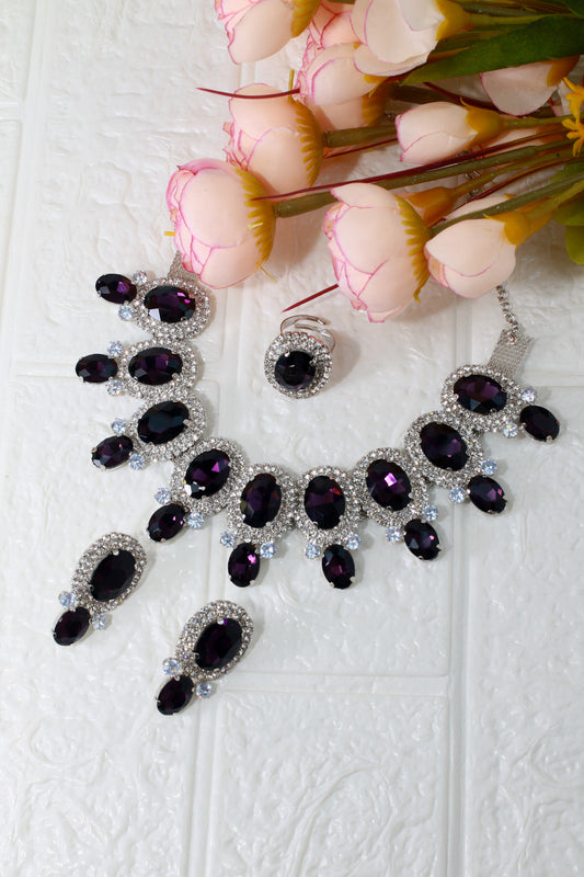 Korean Purple Oval Glass Stone Glass & AD Stone Necklace Set | Rhodium Plated Bridal & Party Jewelry with Earrings