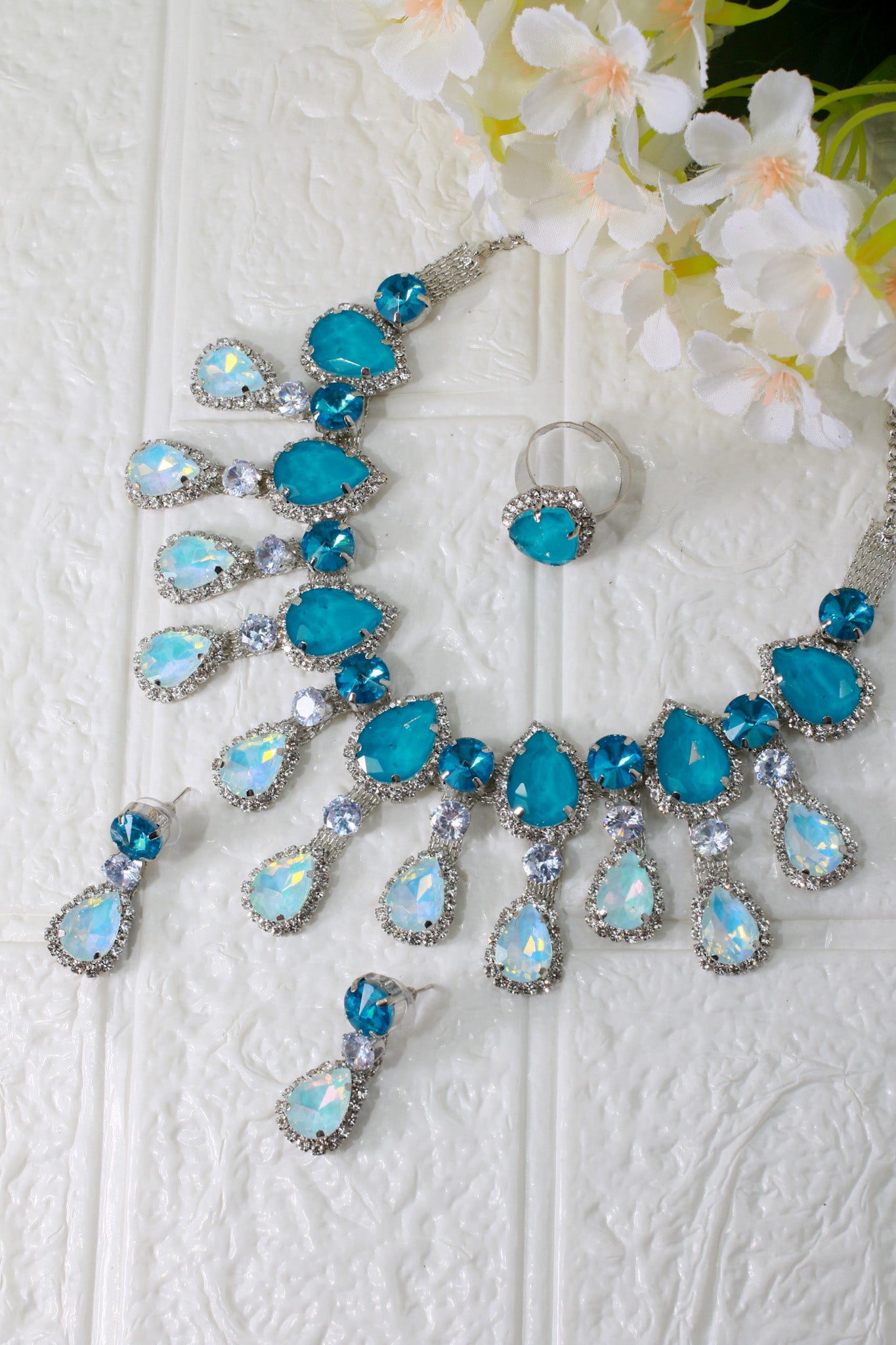 Aqua Blue Korean Glass Stone Jewelry Necklace Set | Rhodium Plated Statement Jewelry with Earrings