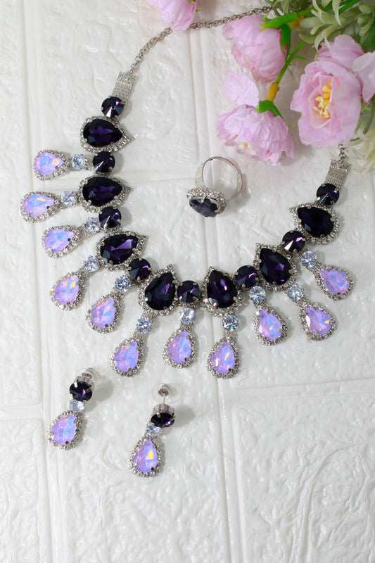 Korean Purple & White Glass Stone Jewelry Necklace Set | Rhodium Plated Luxury Jewelry with Earrings