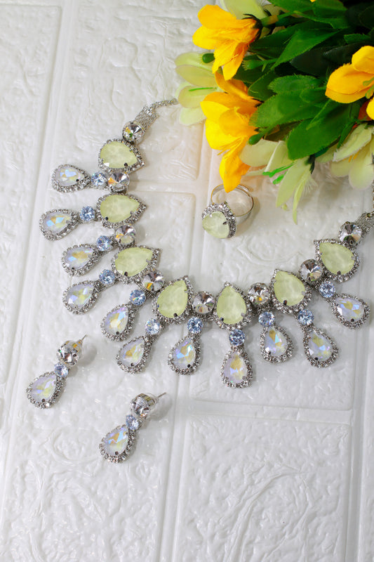 Korean Lemon Yellow Glass Stone Jewelry Necklace Set | Rhodium Plated Fashion Jewelry with Earrings