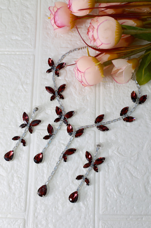Korean Red Butterfly Glass Stone Jewelry Necklace Set | Rhodium Plated Party & Bridal Jewelry with Earrings