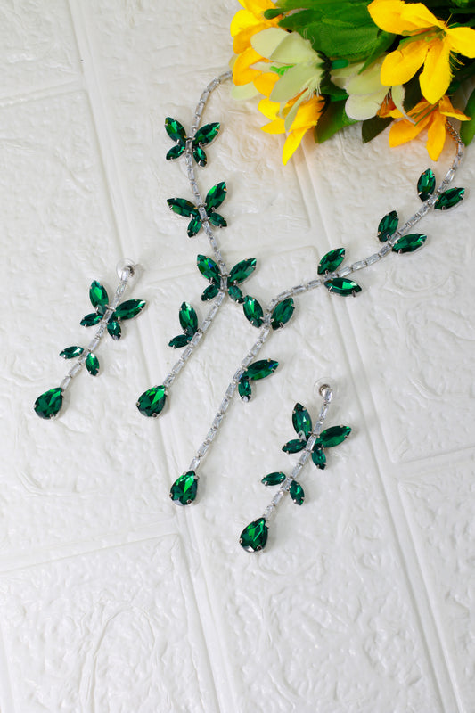 Korean Green Butterfly Glass Stone Jewelry Necklace Set | Rhodium Plated Jewelry with Earrings