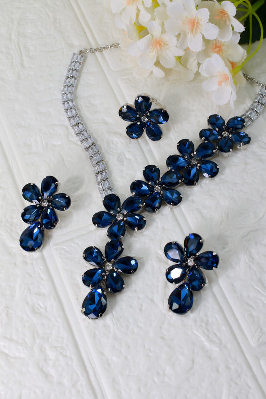 Korean Blue Floral Glass Stone Jewelry Necklace Set | Rhodium Plated Statement Jewelry with Earrings