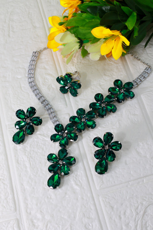 Korean Green Glass Stone Jewelry Floral Necklace Set | Rhodium Plated Party Wear Jewelry with Earrings