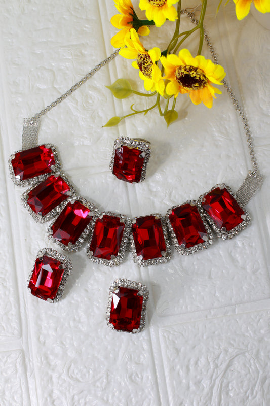 Korean Red Rectangular Glass Stone Glass & AD Stone Necklace Set | Rhodium Plated Bridal & Party Jewelry with Earrings
