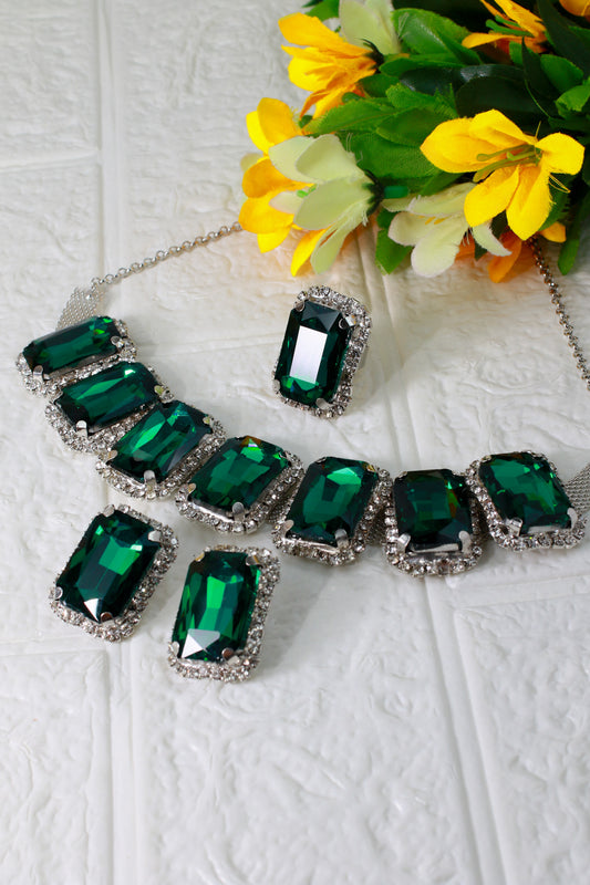 Korean Green Rectangular Glass Stone Glass & AD Stone Necklace Set | Rhodium Plated Statement Jewelry with Earrings
