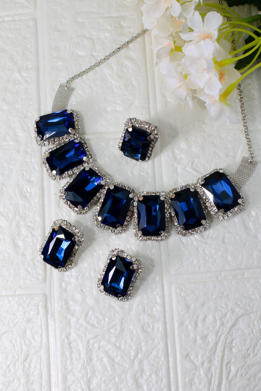 Korean Blue Rectangular Glass Stone Glass & AD Stone Necklace Set | Rhodium Plated Statement Bridal Jewelry with Earrings