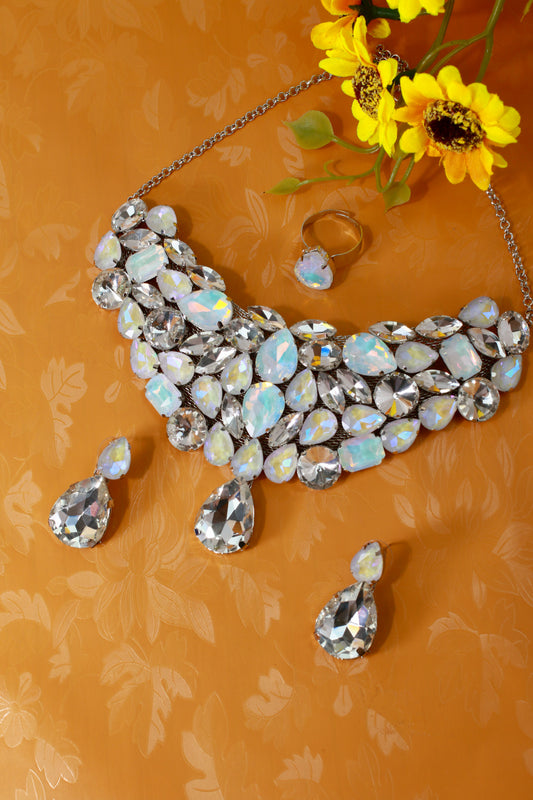 Korean White Glass Stone Jewelry Necklace Set | Rhodium Plated Crystal Bridal Jewelry with Earrings