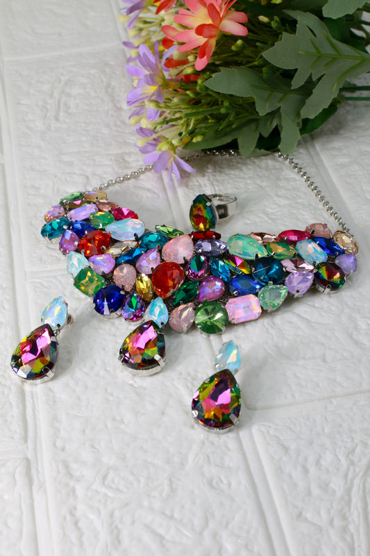 Korean Multicolor Glass Stone Jewelry Necklace Set | Rhodium Plated Statement Fashion Jewelry with Earrings