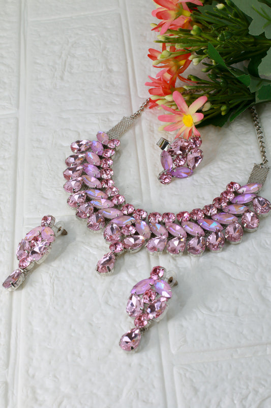 Korean Pink Gradient Glass Stone Jewelry Necklace Set | Luxury Rhodium Plated Bridal & Party Jewelry with Earrings