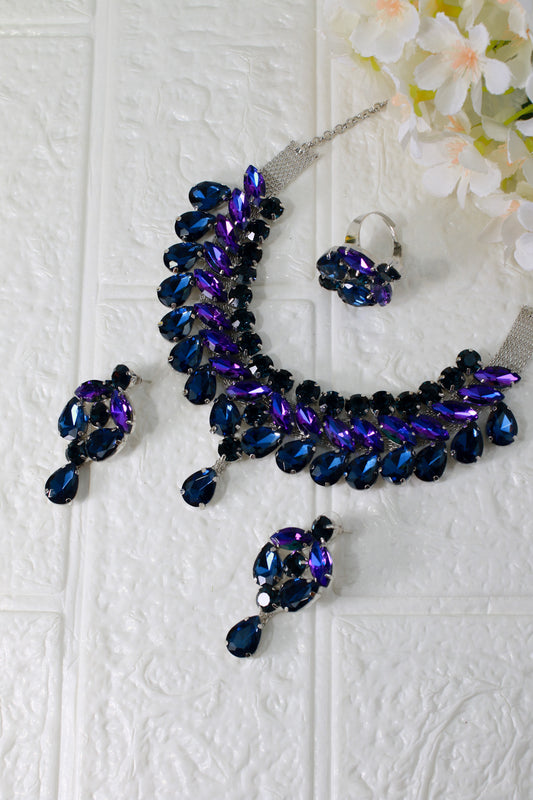 Korean Blue & Purple Glass Stone Jewelry Necklace Set | Rhodium Plated Bridal & Party Jewelry with Earrings