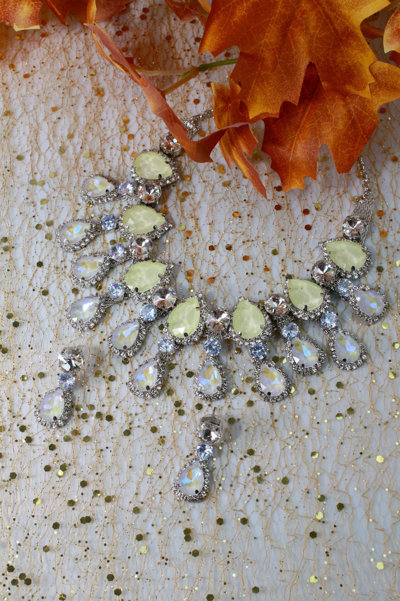 Korean Lemon Yellow Glass Stone Jewelry Necklace Set | Rhodium Plated Fashion Jewelry with Earrings