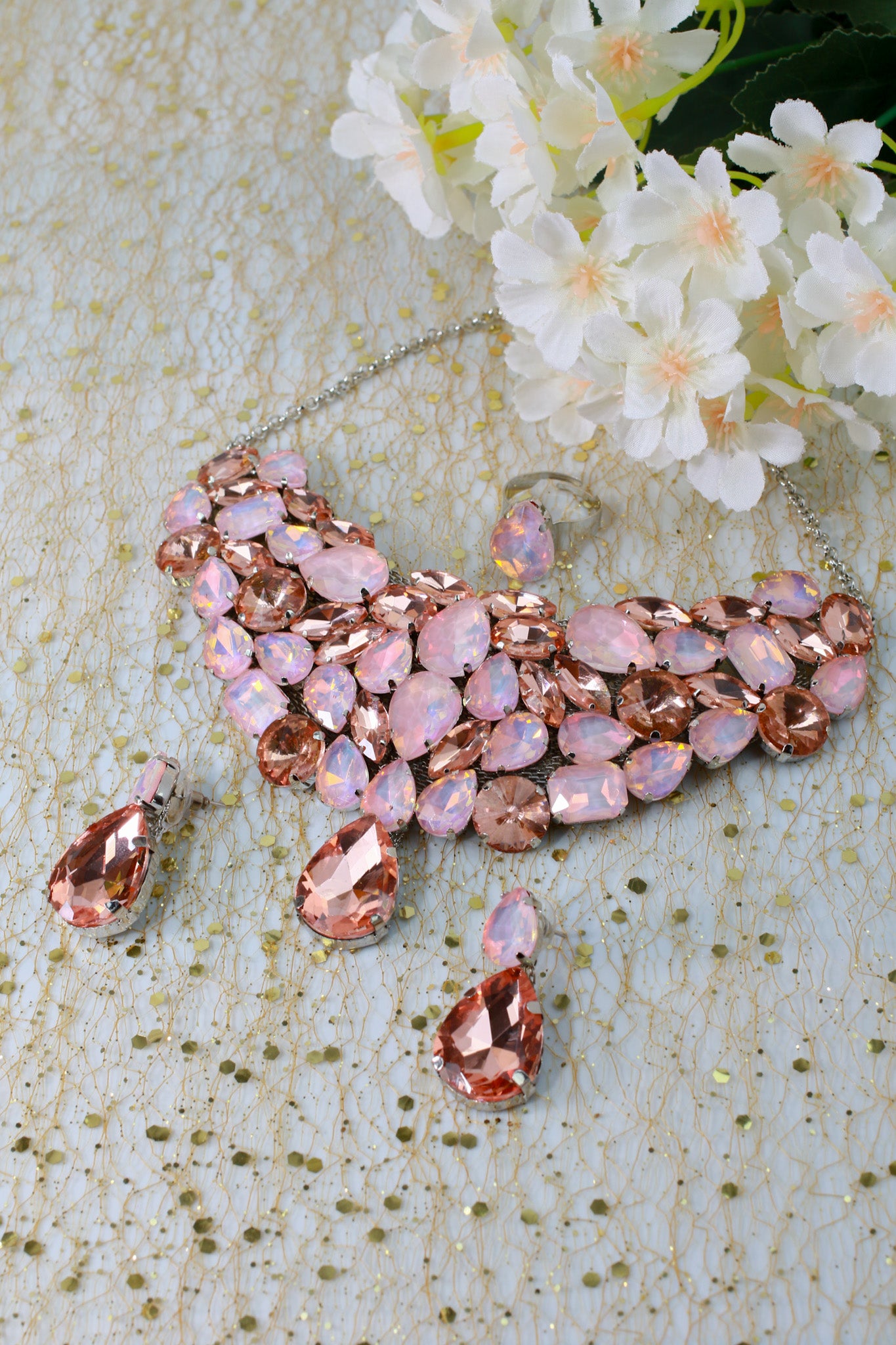 Korean Peach Pink Glass Stone Jewelry Necklace & Earrings Set | Rhodium Plated Luxury Party Jewelry