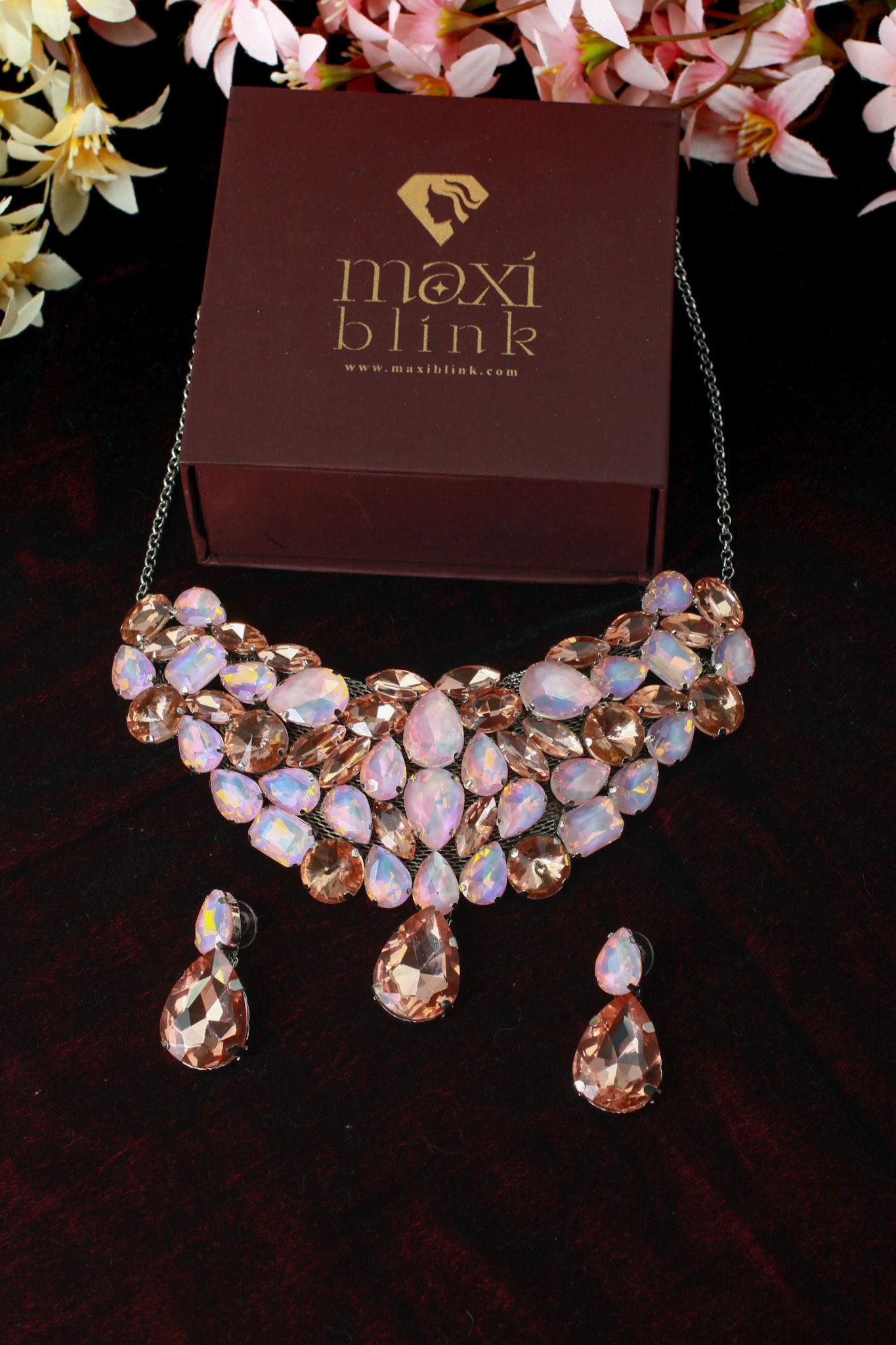 Korean Peach Pink Glass Stone Jewelry Necklace & Earrings Set | Rhodium Plated Luxury Party Jewelry