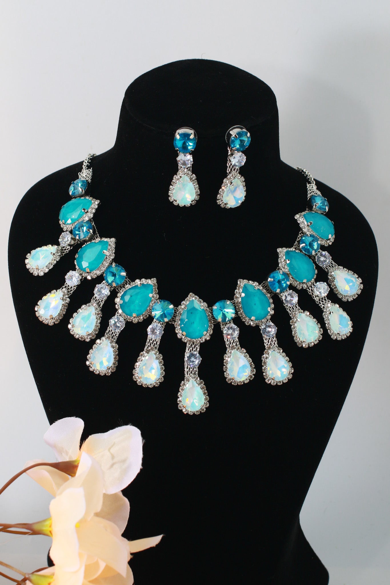 Aqua Blue Korean Glass Stone Jewelry Necklace Set | Rhodium Plated Statement Jewelry with Earrings