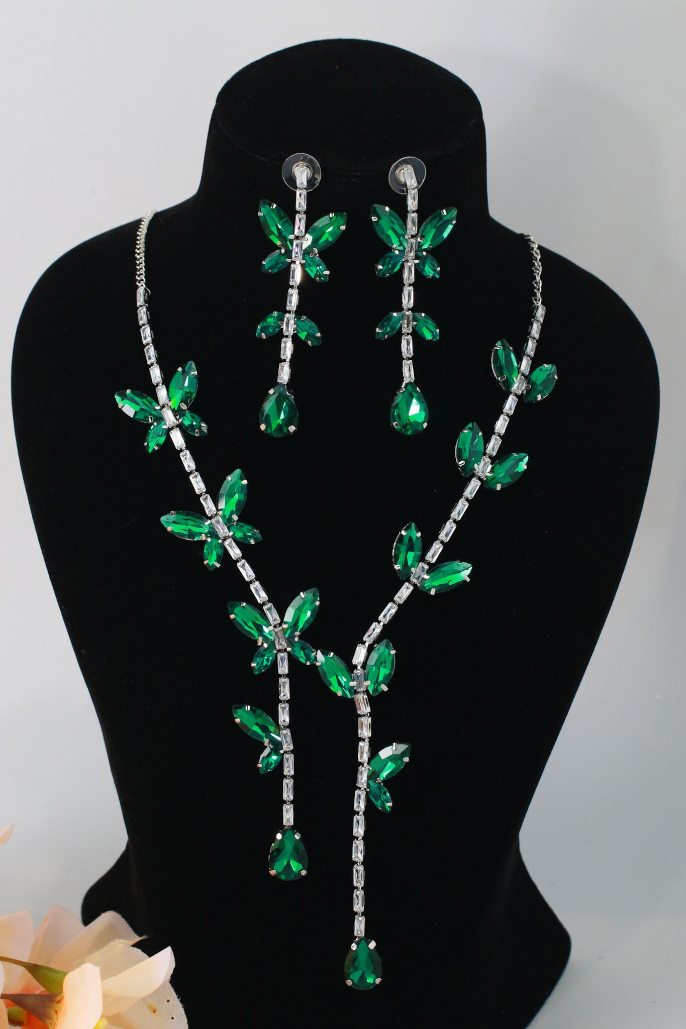 Korean Green Butterfly Glass Stone Jewelry Necklace Set | Rhodium Plated Jewelry with Earrings