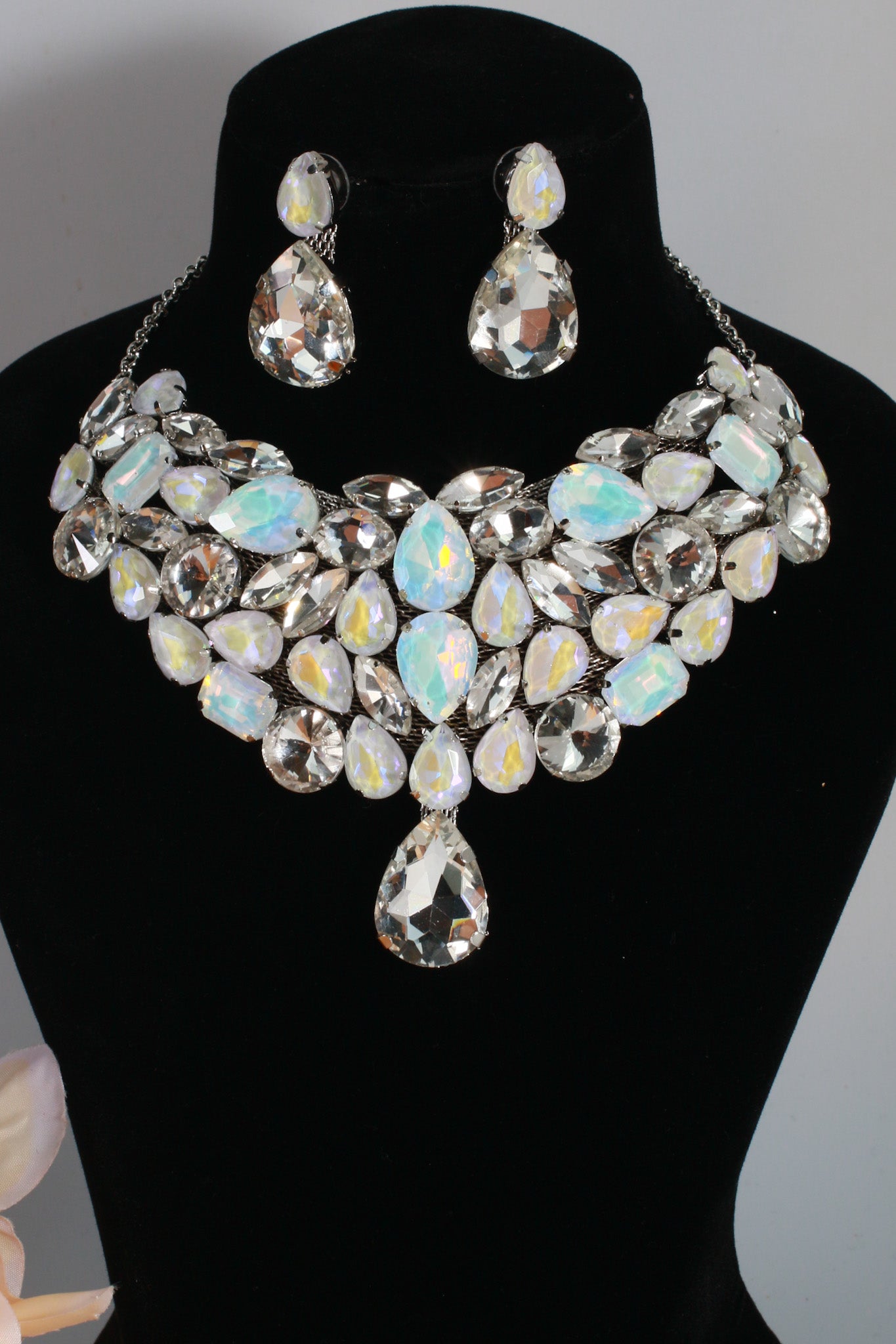 Korean White Glass Stone Jewelry Necklace Set | Rhodium Plated Crystal Bridal Jewelry with Earrings