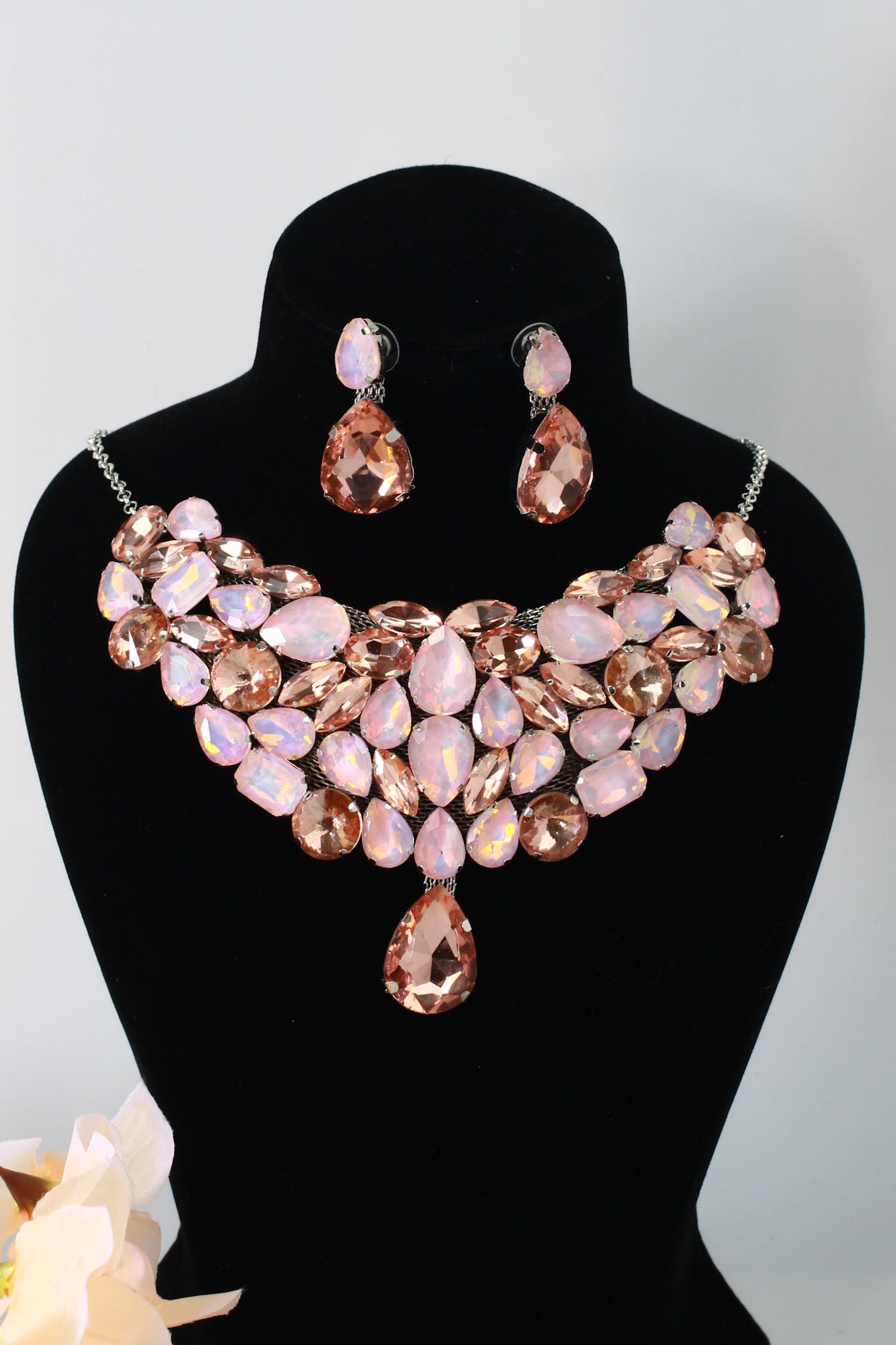 Korean Peach Pink Glass Stone Jewelry Necklace & Earrings Set | Rhodium Plated Luxury Party Jewelry