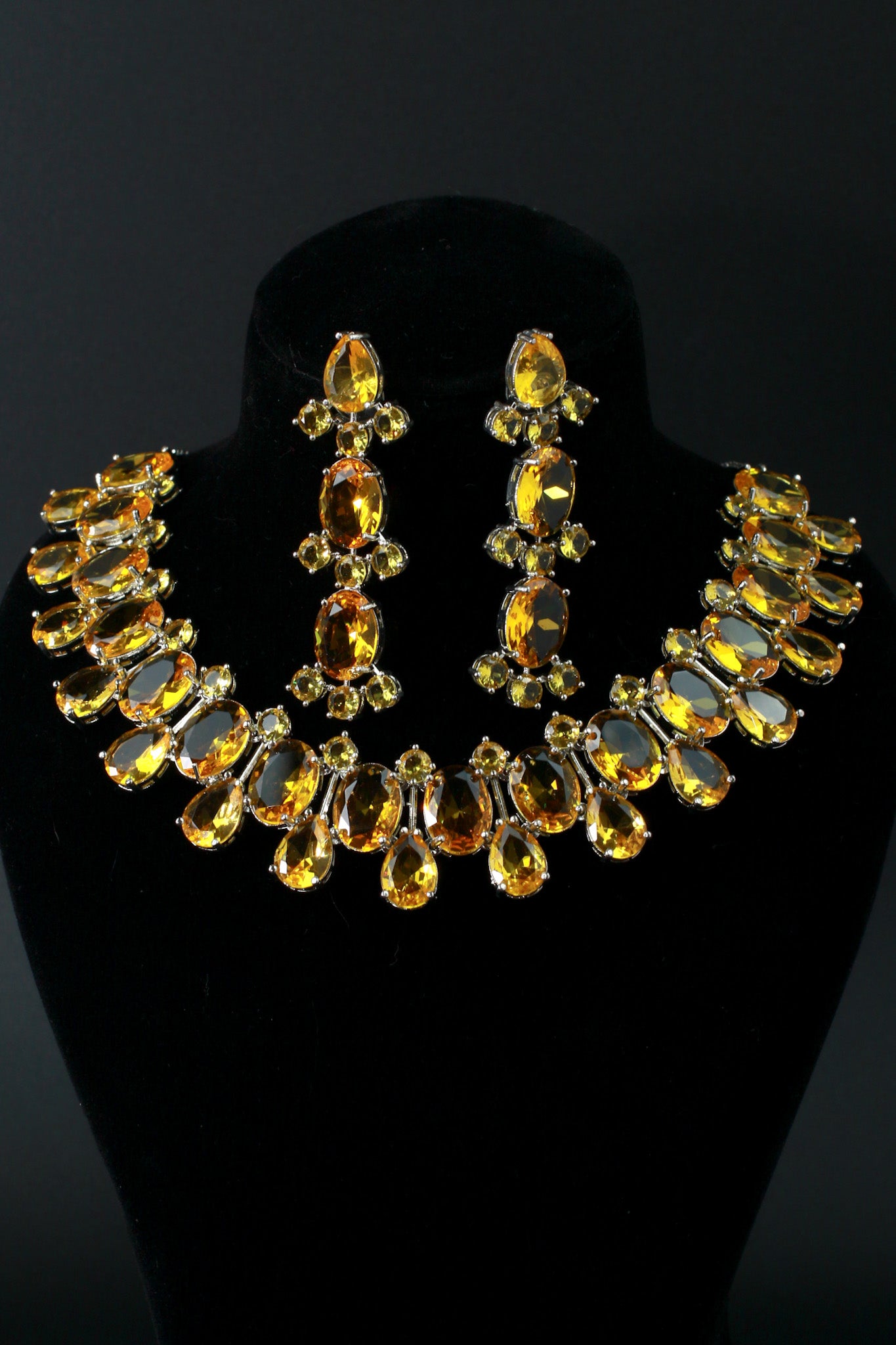 Korean Yellow Glass Stone Jewelry Jewelry Set | Rhodium Plated Necklace & Earrings