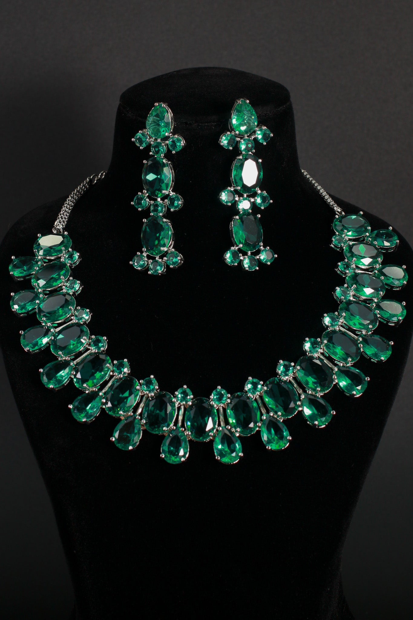 Emerald Green Korean Glass Stone Jewelry Necklace Set | Rhodium Plated Wedding & Party Jewelry with Earrings