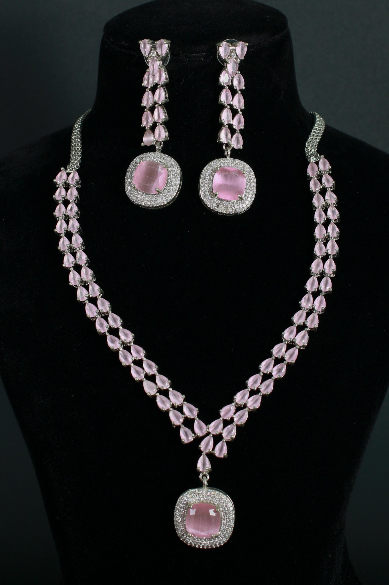 Korean Pink Glass Stone Jewelry Necklace Set | Rhodium Plated Party Wear Jewelry with Earrings