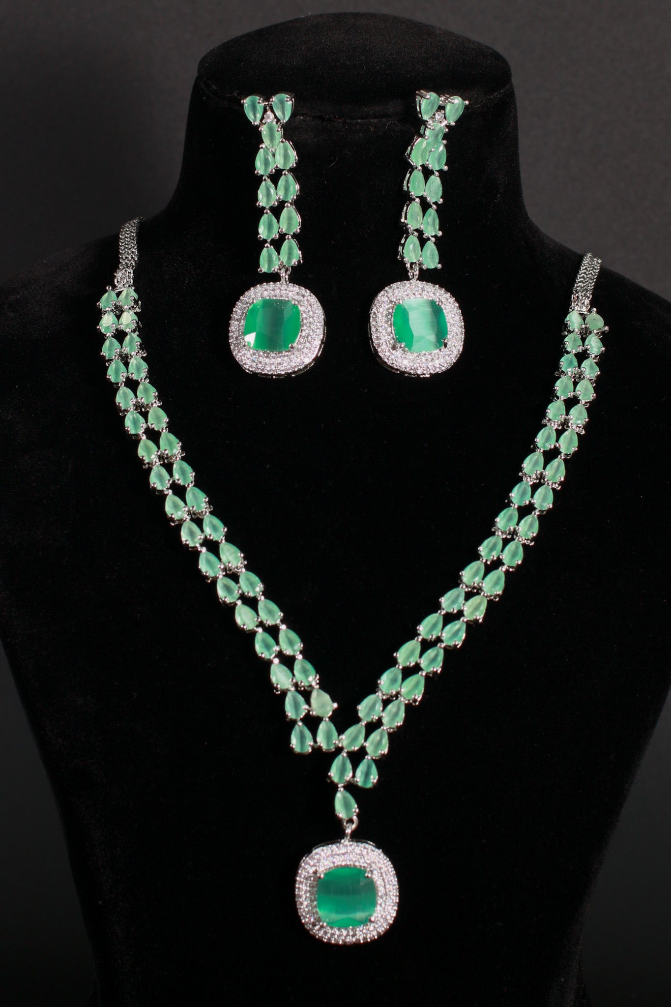 Korean Glass Stone Jewelry Necklace Set Green | Rhodium Plated Jewelry with Earrings