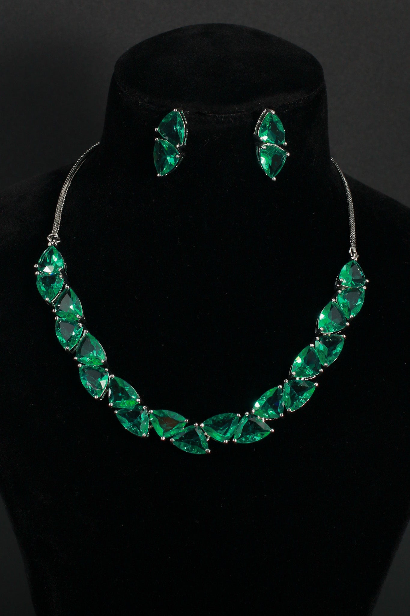 Korean Green Glass Stone Jewelry Necklace Set | Rhodium Plated Elegant Jewelry with Earrings