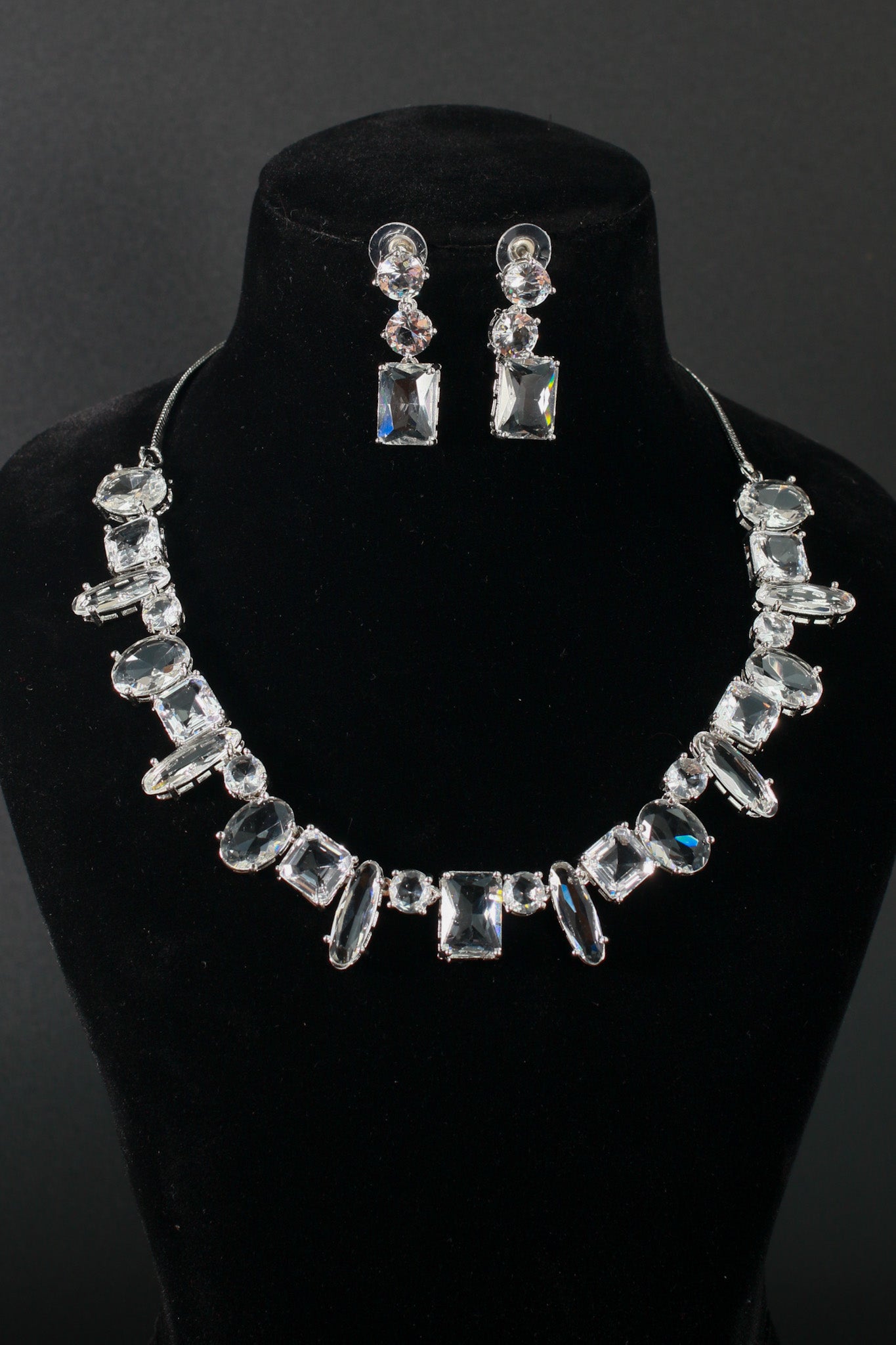 Korean Silver Glass Stone Jewelry Necklace Set | Rhodium Plated Crystal Jewelry with Earrings