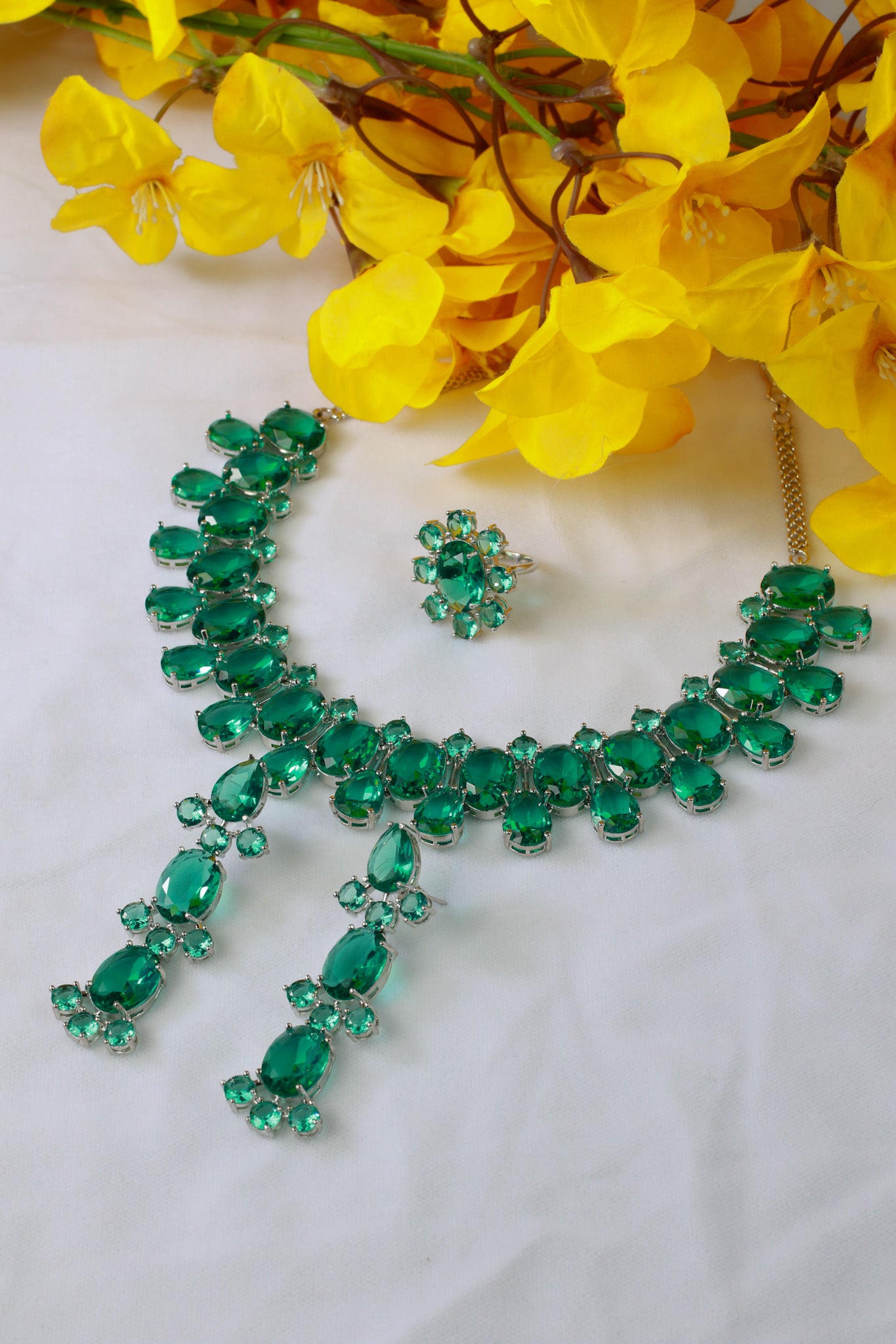 Emerald Green Korean Glass Stone Jewelry Necklace Set | Rhodium Plated Wedding & Party Jewelry with Earrings