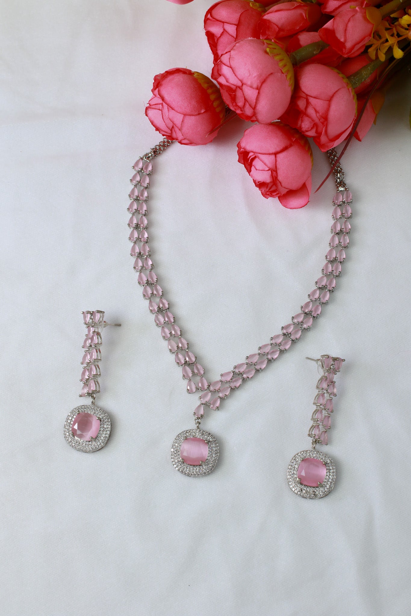 Korean Pink Glass Stone Jewelry Necklace Set | Rhodium Plated Party Wear Jewelry with Earrings